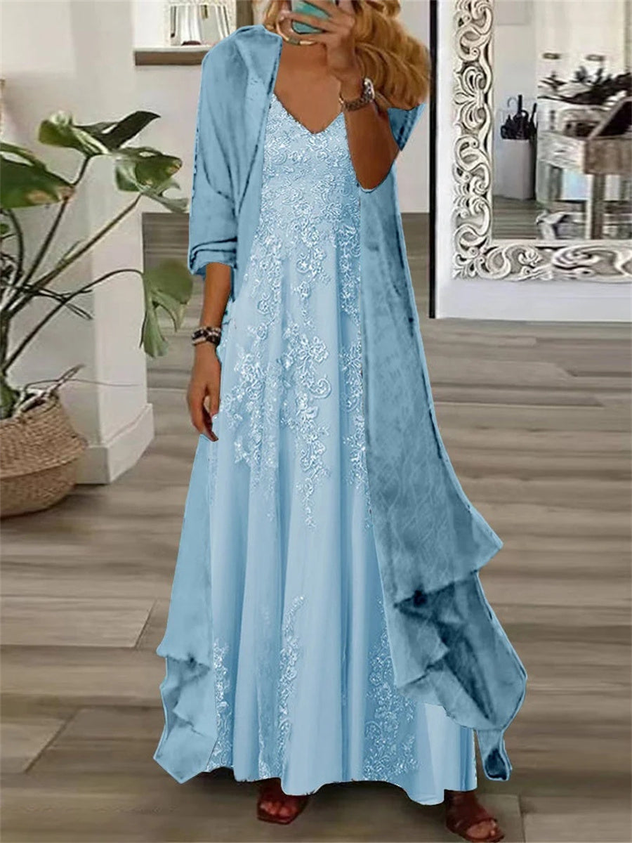 Women's Long Sleeve V-neck Floral Printed Two Pieces Maxi Dress