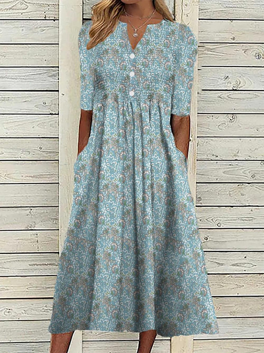 Women's Floral Print Half Sleeve V-Neck Pleated Midi Dress with Pockets