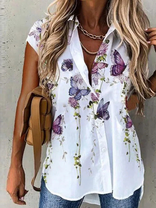 Women's Summer Butterfly Print Short Sleeve Button-Down Blouse