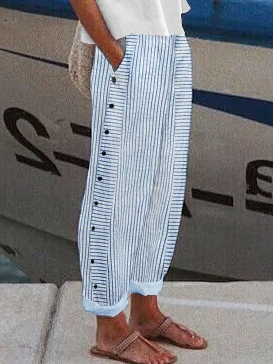 Women's Blue Striped Side-Button Casual Pants With Pockets