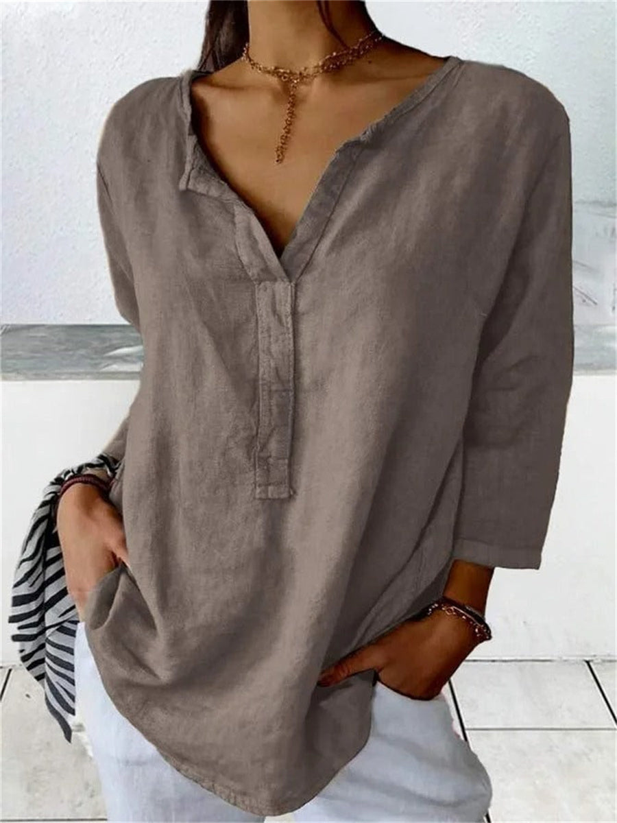 Loose Plain V Neck 3/4 Sleeve Blouse