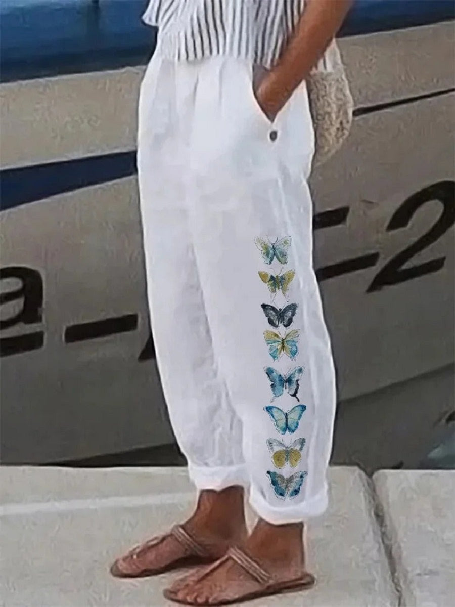 Women's Butterfly Print Loose Pants with Elastic Waist