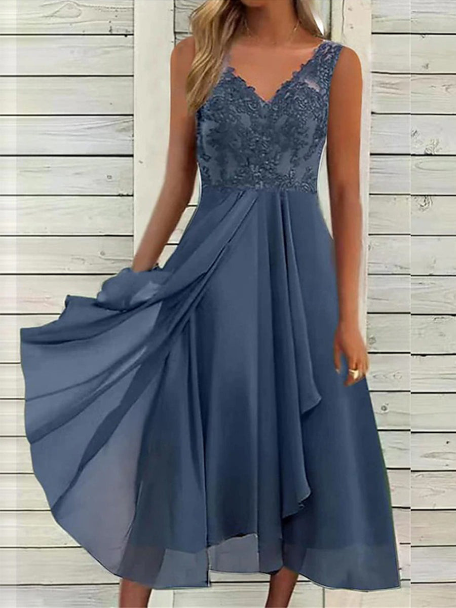 Women's Elegant Lace Bodice Asymmetrical Hem Midi Dress