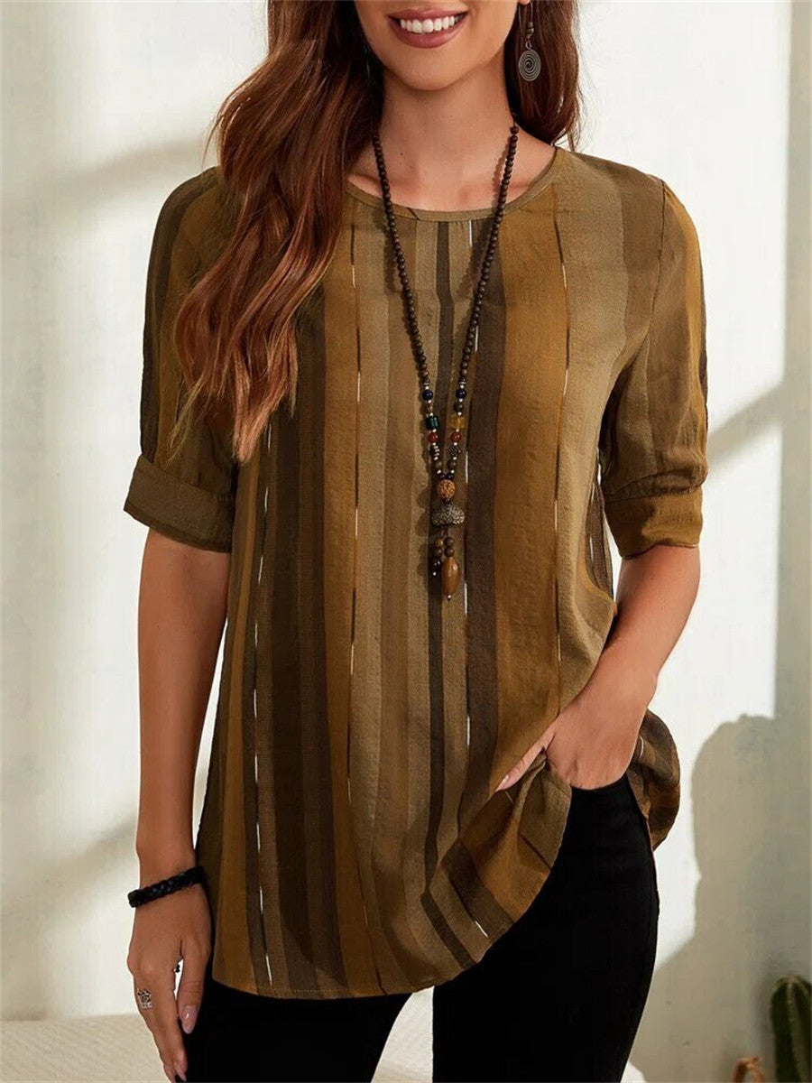 Women?ˉs Casual Vertical Striped Round Neck Half Sleeve Loose Fit Tunic Top