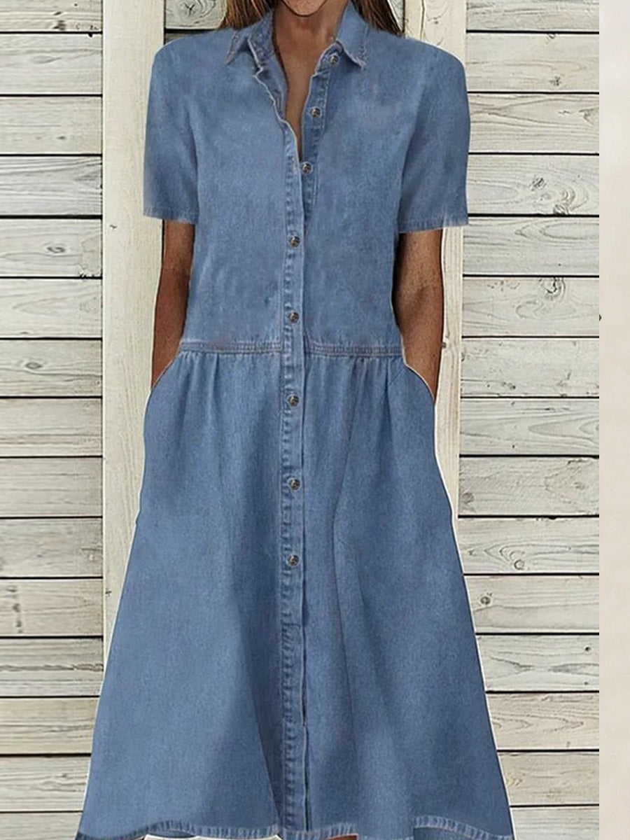 Casual Solid Patchwork Lapel Short Sleeve Cake Dress