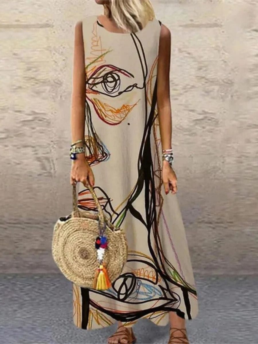 Brown Casual Round Neck Abstract Printed Sleeveless Dresses