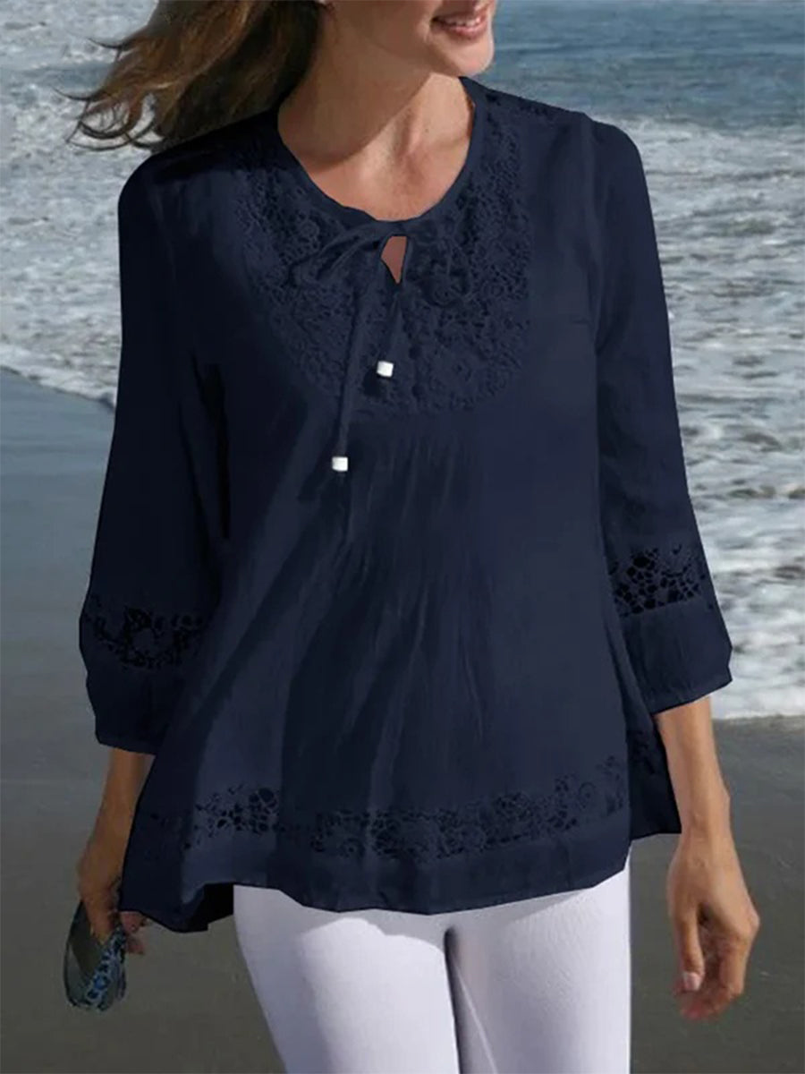 Casual Crew Neck 3/4 Sleeve Lace Shirt