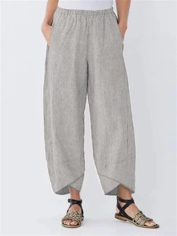 Women's Casual Elastic Waist Cropped Pants with Cross Hem Design