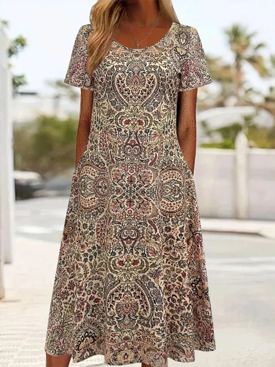 Vintage Ethnic Print Round Neck Short Sleeve Dress