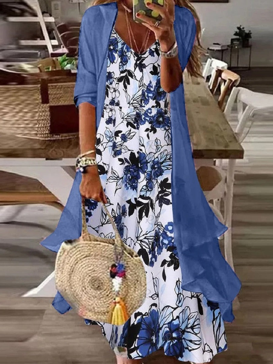 Women's Casual Floral Maxi Dress Layered with Sheer Cardigan