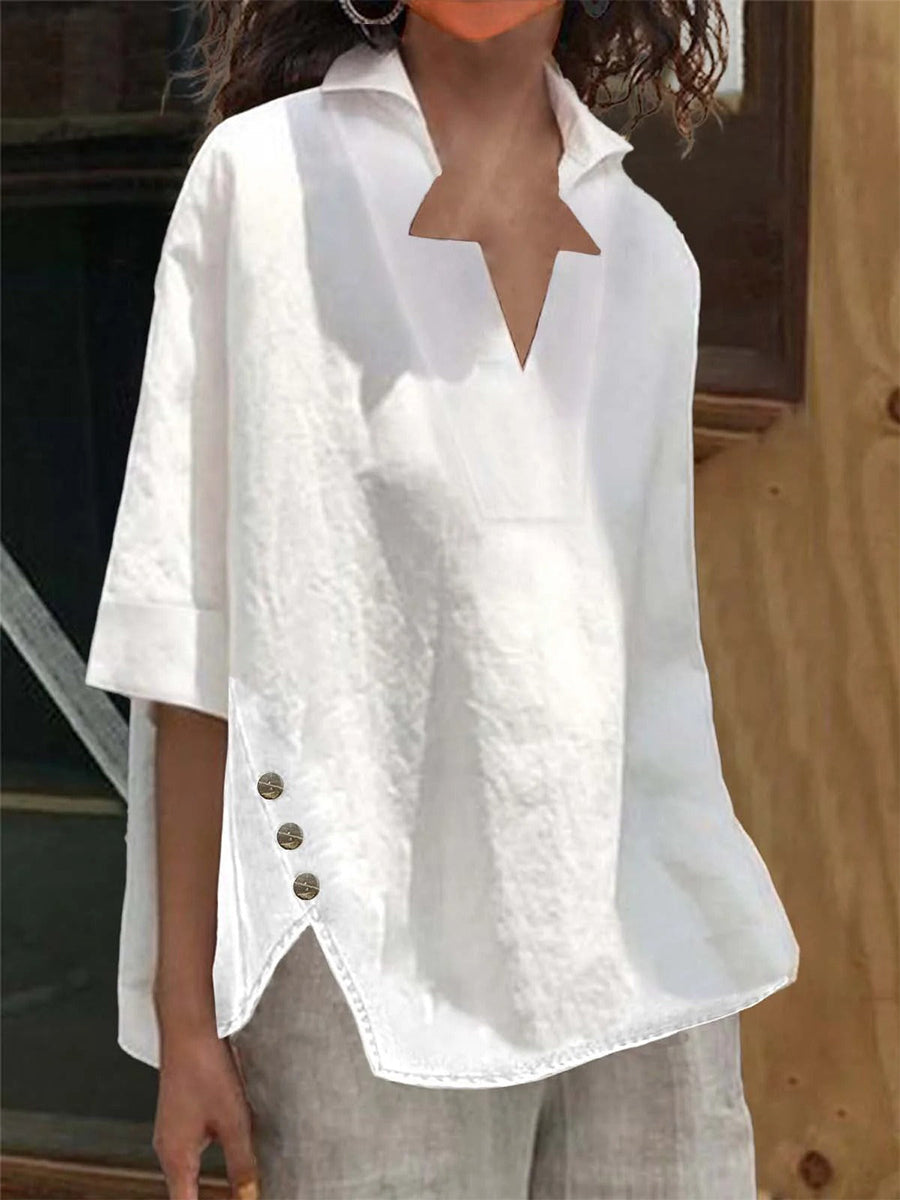 Women's Casual V-Neck 3/4 Sleeve Loose Fit Cotton Blouse