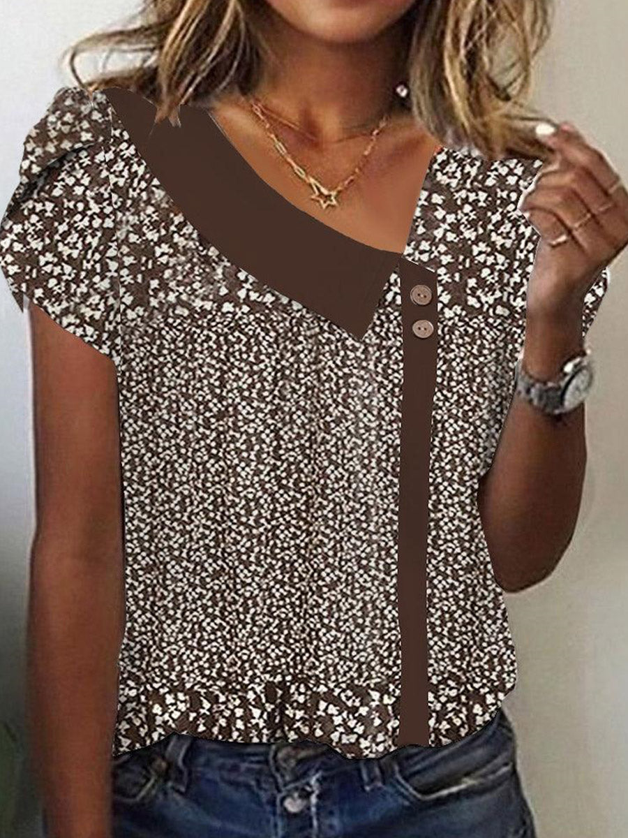 Women's Floral Print Short Sleeve Asymmetrical Neck Button Blouse