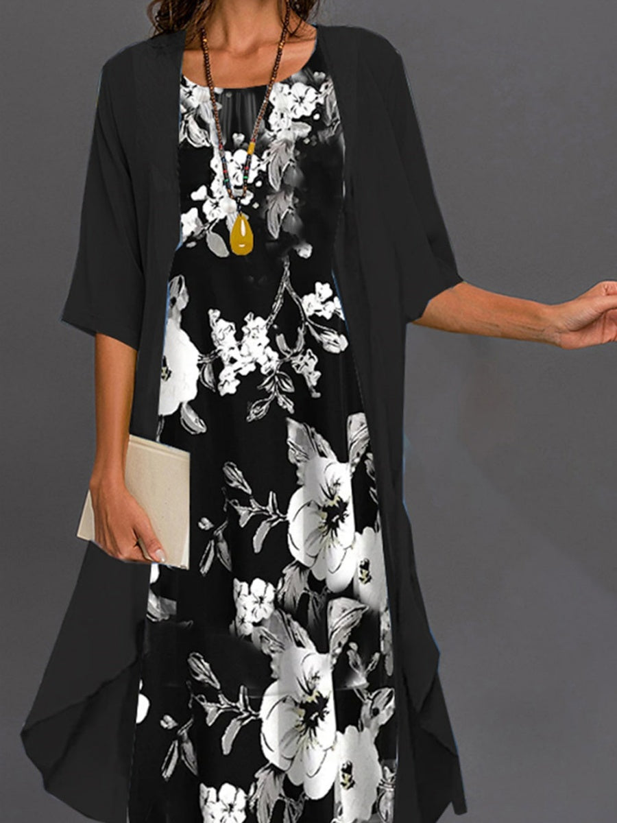 Crew Neck Half Sleeve Floral Two Piece Jacket Midi Dress