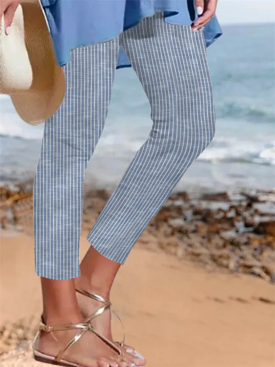 Blue Striped Casual Leggings