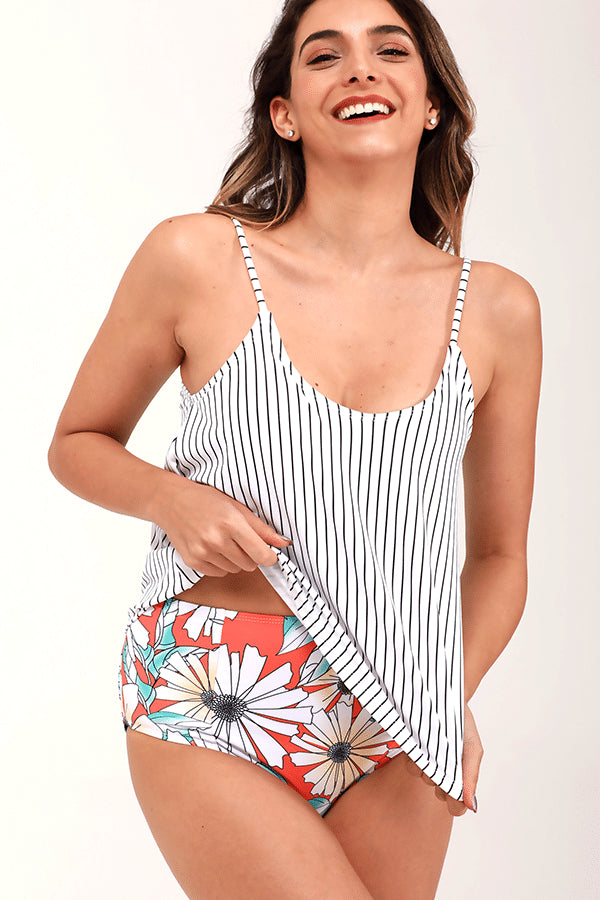 STRIPE PRINT HIGH WAIST TANKINI