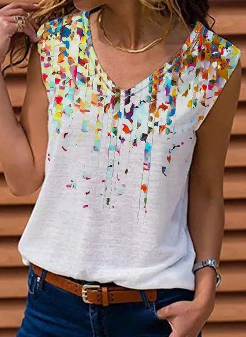 Color Block V-Neckline Sleeveless Casual T-shirts