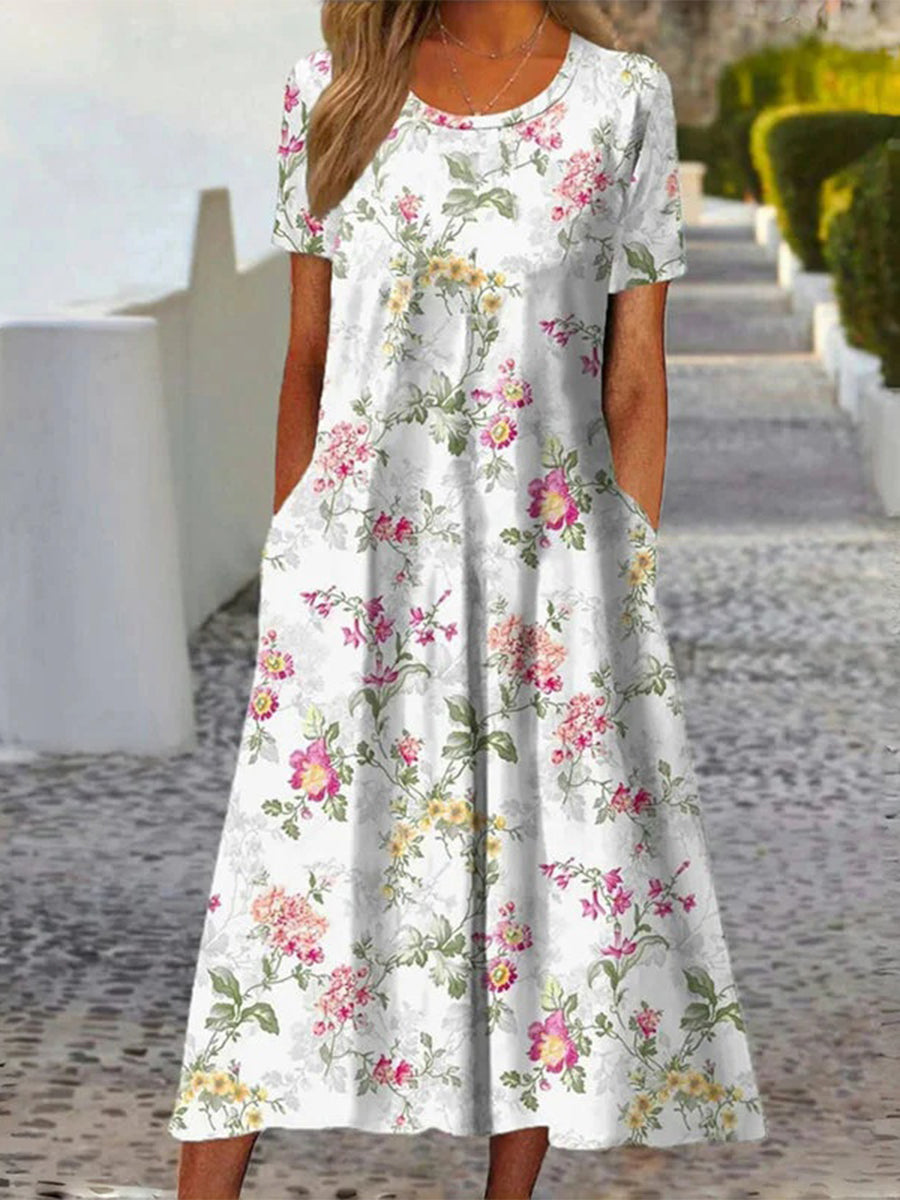 Casual Floral Print Round Neck Short Sleeve Dress