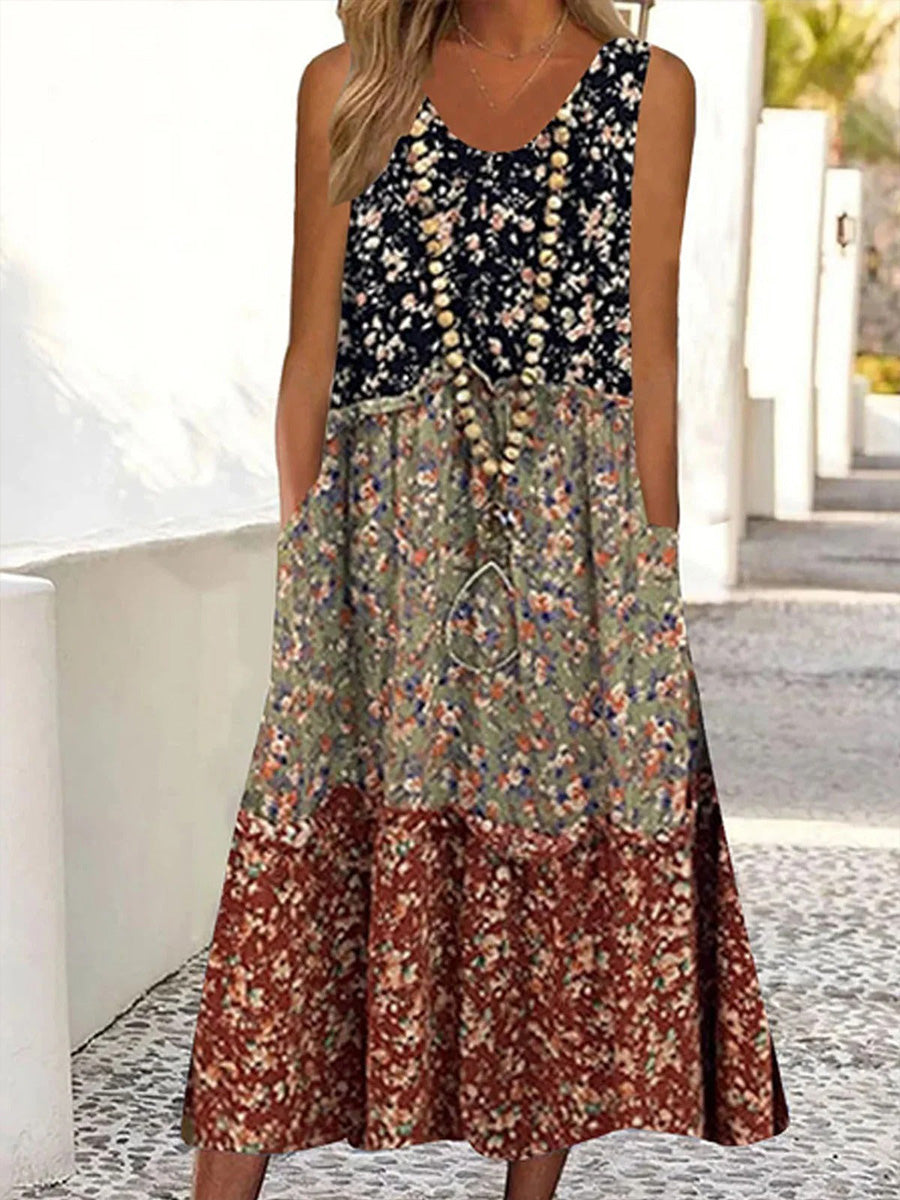 Women's Sleeveless Patchwork Floral Print Casual Midi Dress with Pockets