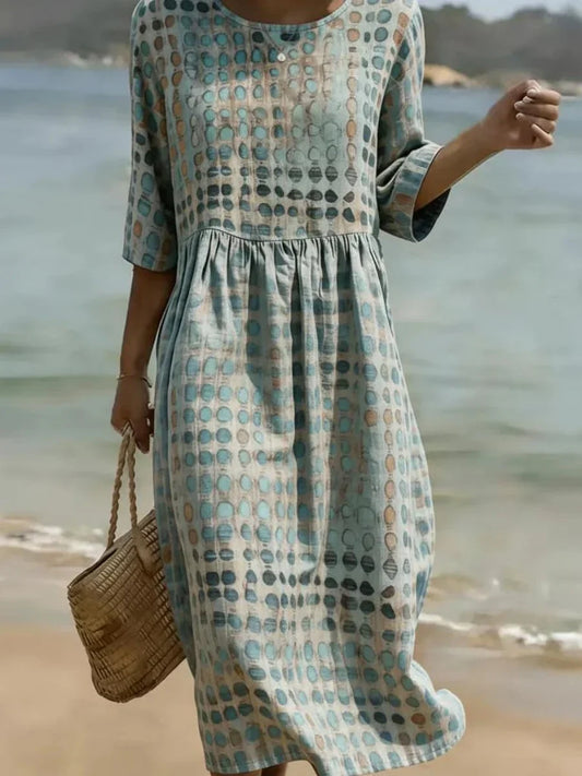 Teal Dot Print Round Neck 3/4 Sleeve Gathered Waist Midi Dress
