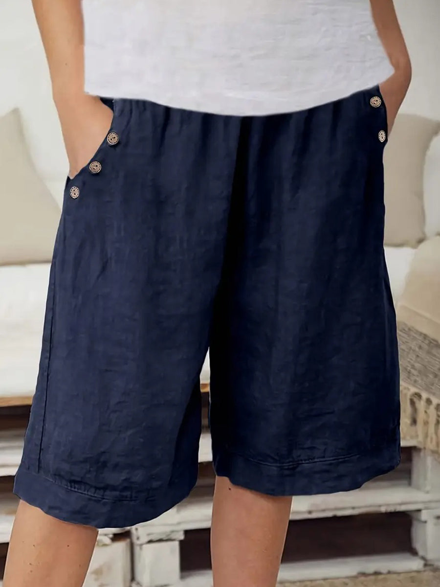 Women's Elastic Waist Bermuda Shorts with Side Buttons