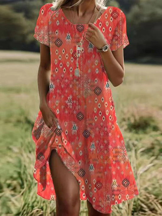 Women's Boho Geometric Print Short Sleeve Casual Summer Dress