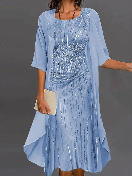 Floral Print Crew Neck Half Sleeve Loose Two Piece Dress
