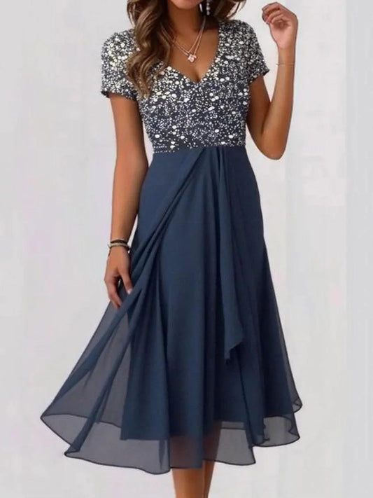 Blue V-Neck Short Sleeve Midi Dress