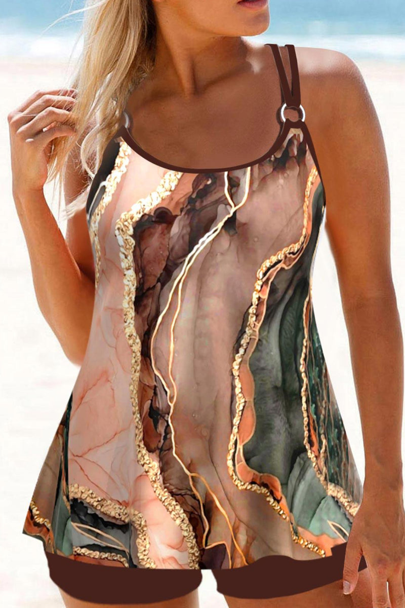 Plus Size Circular Ring Marble Print Tankini Set