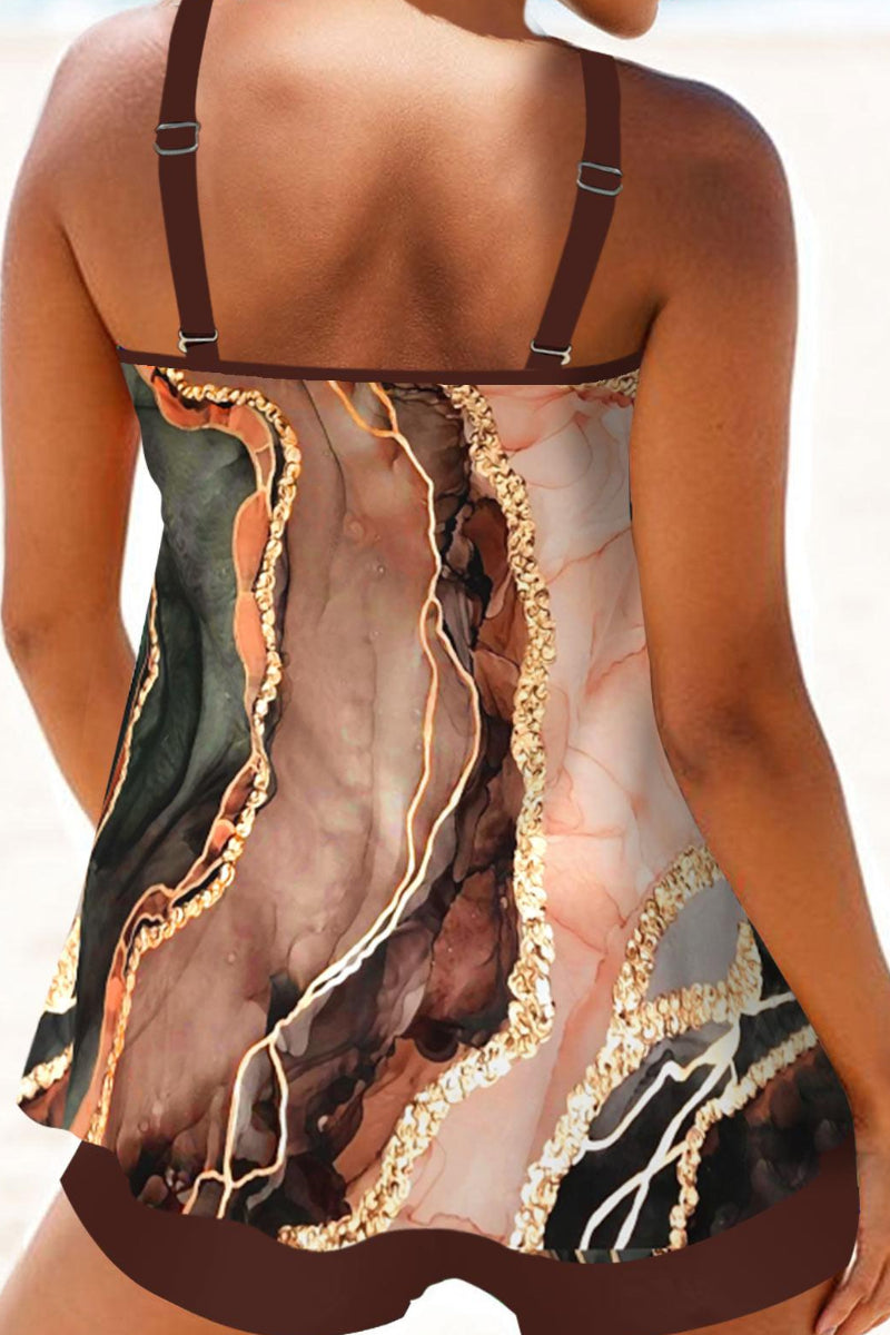 Plus Size Circular Ring Marble Print Tankini Set