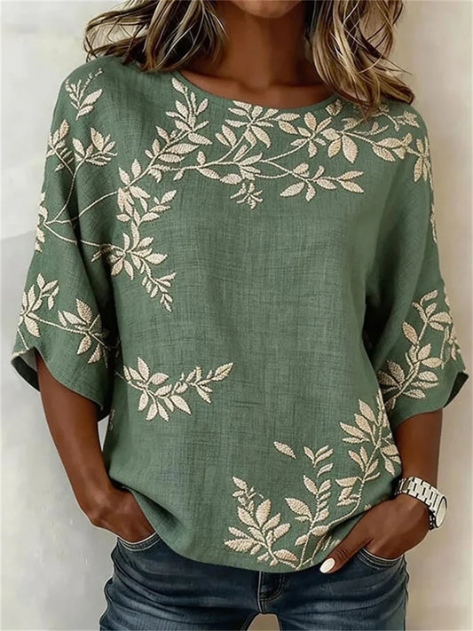 Vintage Leaf Print Round Neck Half Sleeve Blouse