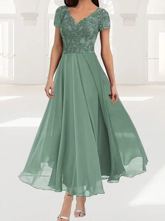 Elegant Plain Lace V-neck Short Sleeve Comfy Dress