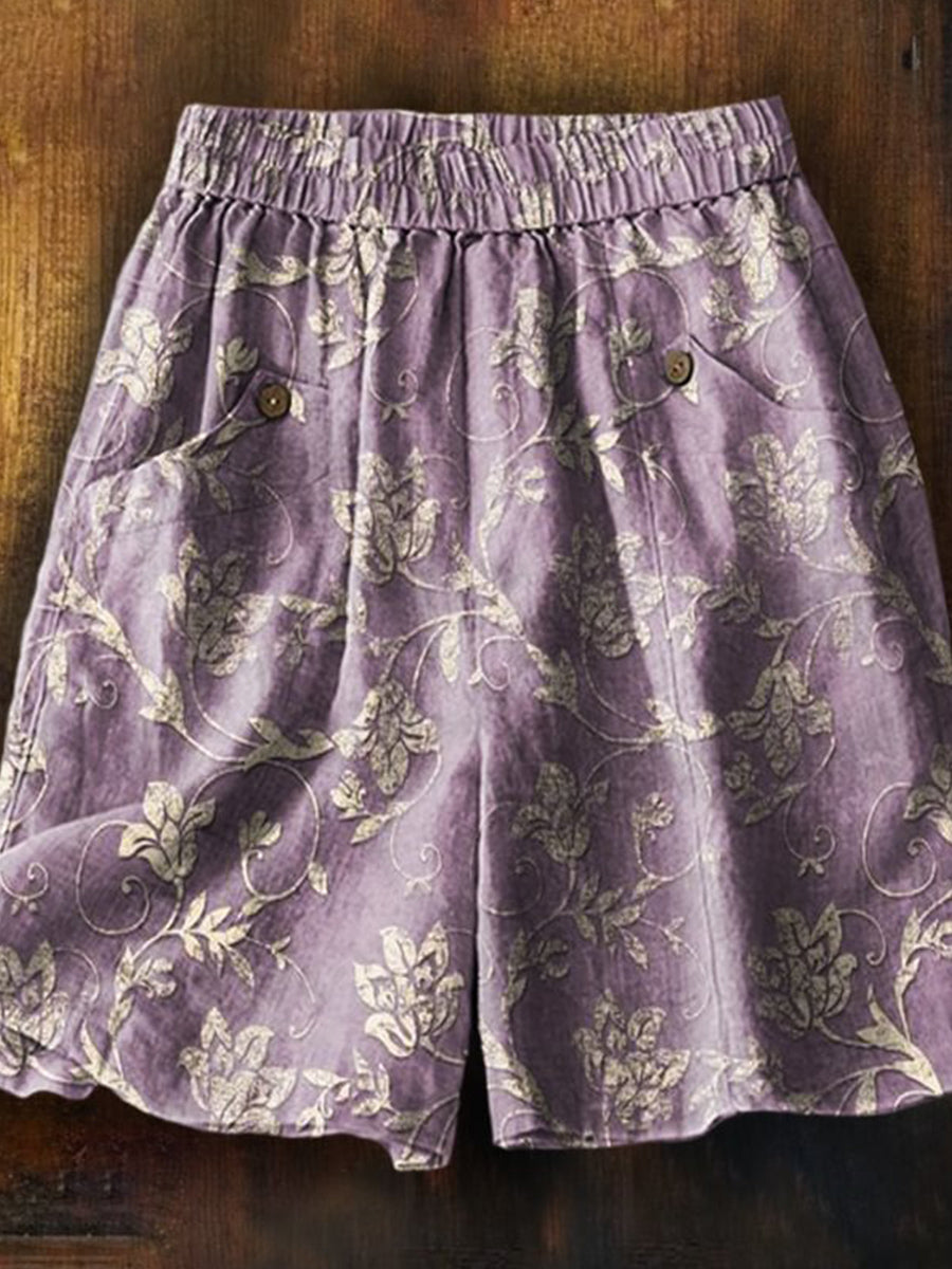 Women's Folk Flower Art Printed Casual Pocket Shorts