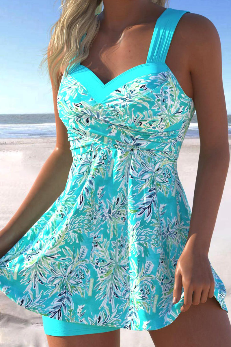 Plus Size Mid Waisted Surplice Leaf Print Tankini Set
