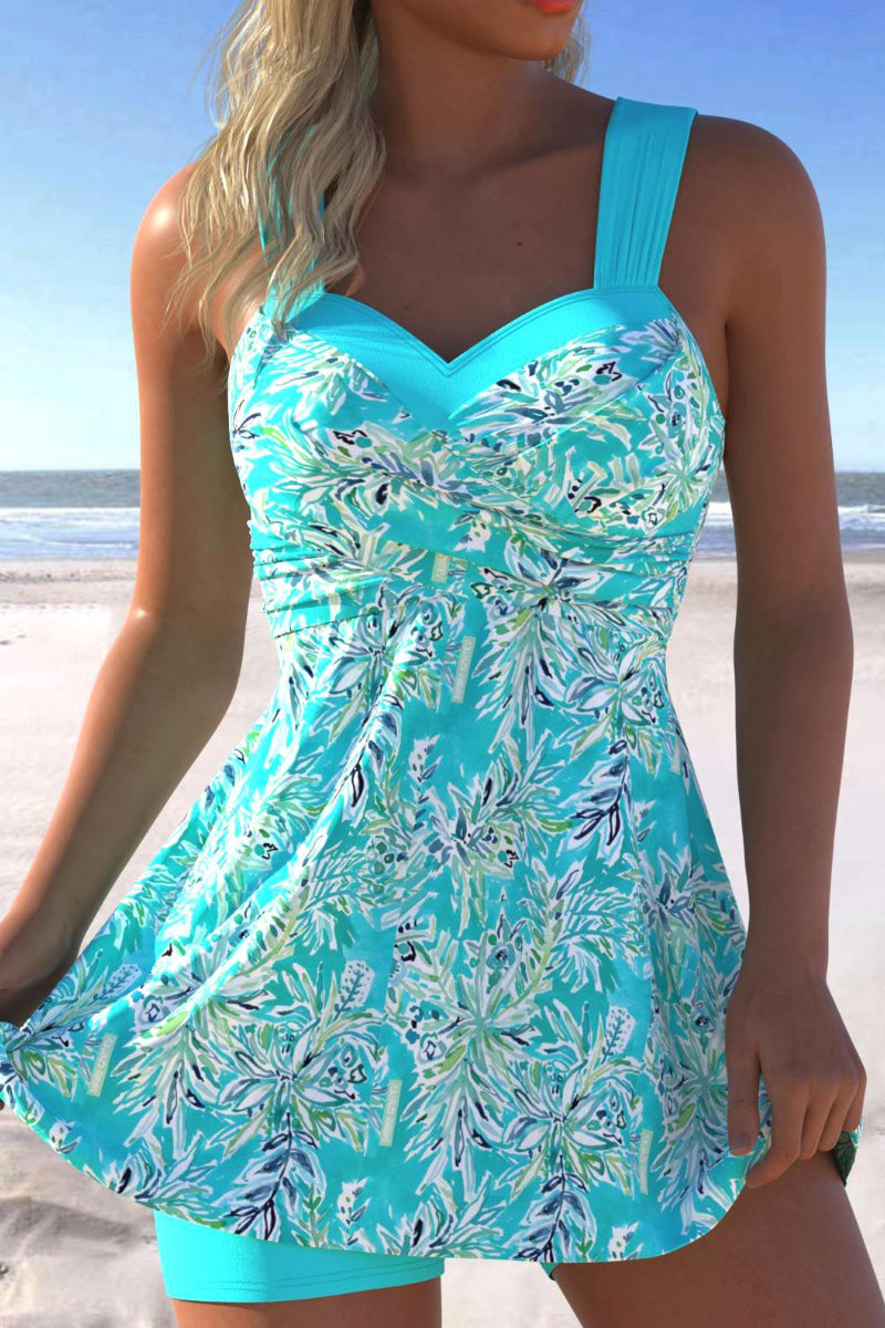 Plus Size Mid Waisted Surplice Leaf Print Tankini Set
