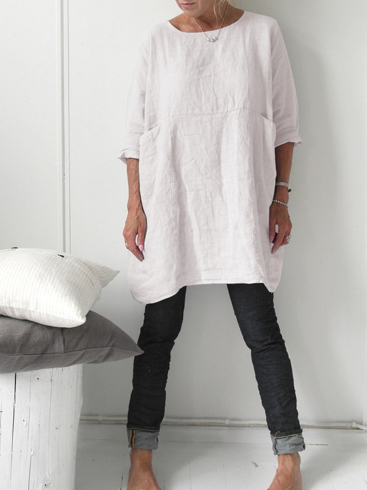 Casual Crew Neck 3/4 Sleevee T-shirt with Pockets