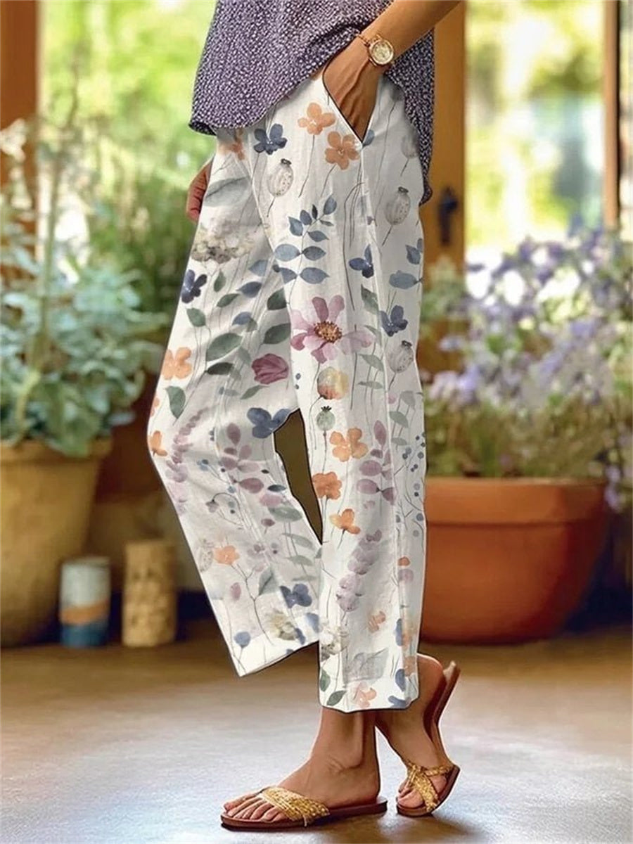 Women's Floral Print Cropped Pants with Pockets
