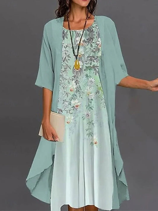 Green Floral Print Round Neck Half Sleeve Midi Dress With Outerwear