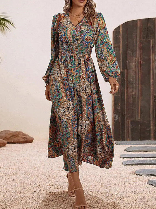 Elegant Paisley Print V-Neck Long Sleeve Midi Dress