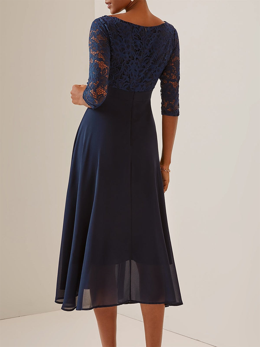Wedding Party Lace Chiffon Zip 3/4 Sleeve Midi Formal Dress