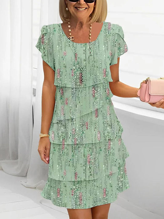 Green Round Neck Short Sleeve Mini Dress