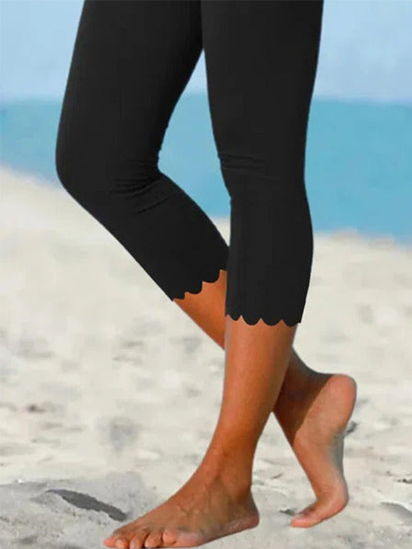 Women's High Waist Cropped Leggings with Scalloped Hem