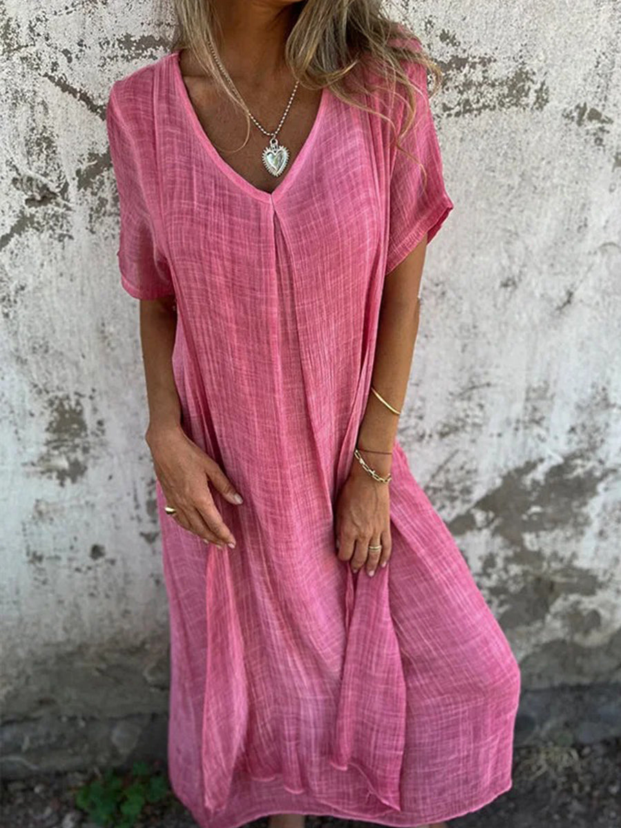 Cotton And Linen V-Neck Midi Dress
