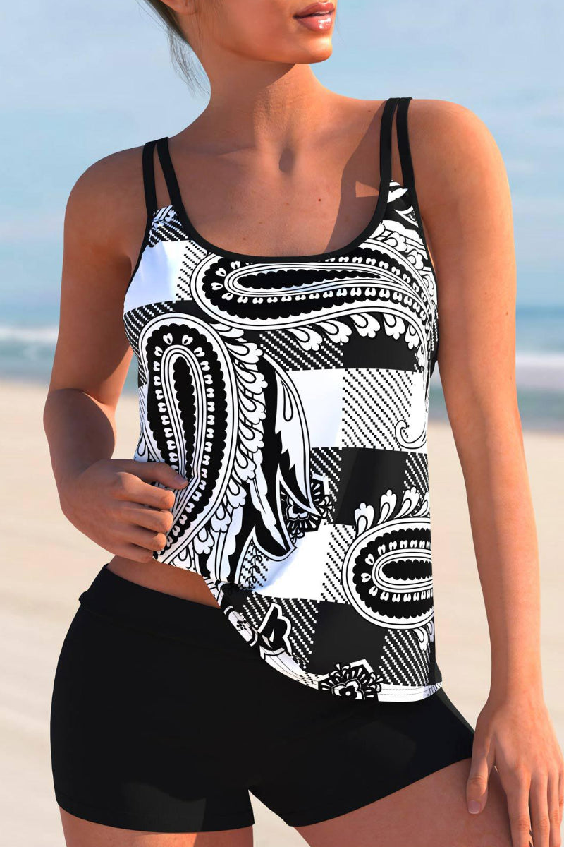 Paisley Print Black Double Straps Tankini