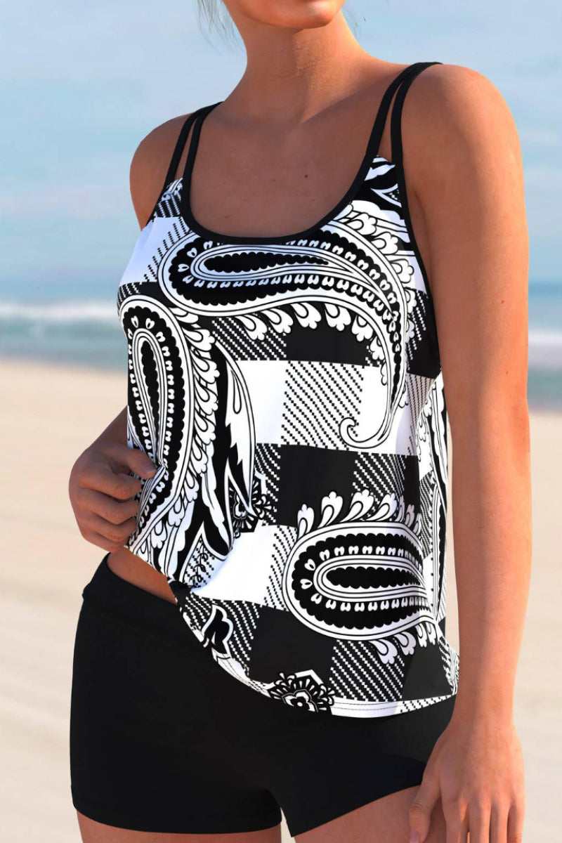 Paisley Print Black Double Straps Tankini