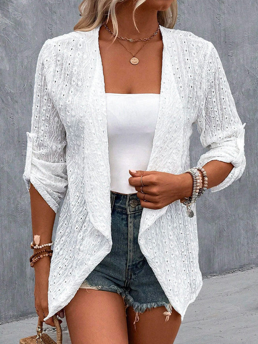 3/4 Sleeve Plain Embroidery Hollow Out Casual Loose Top