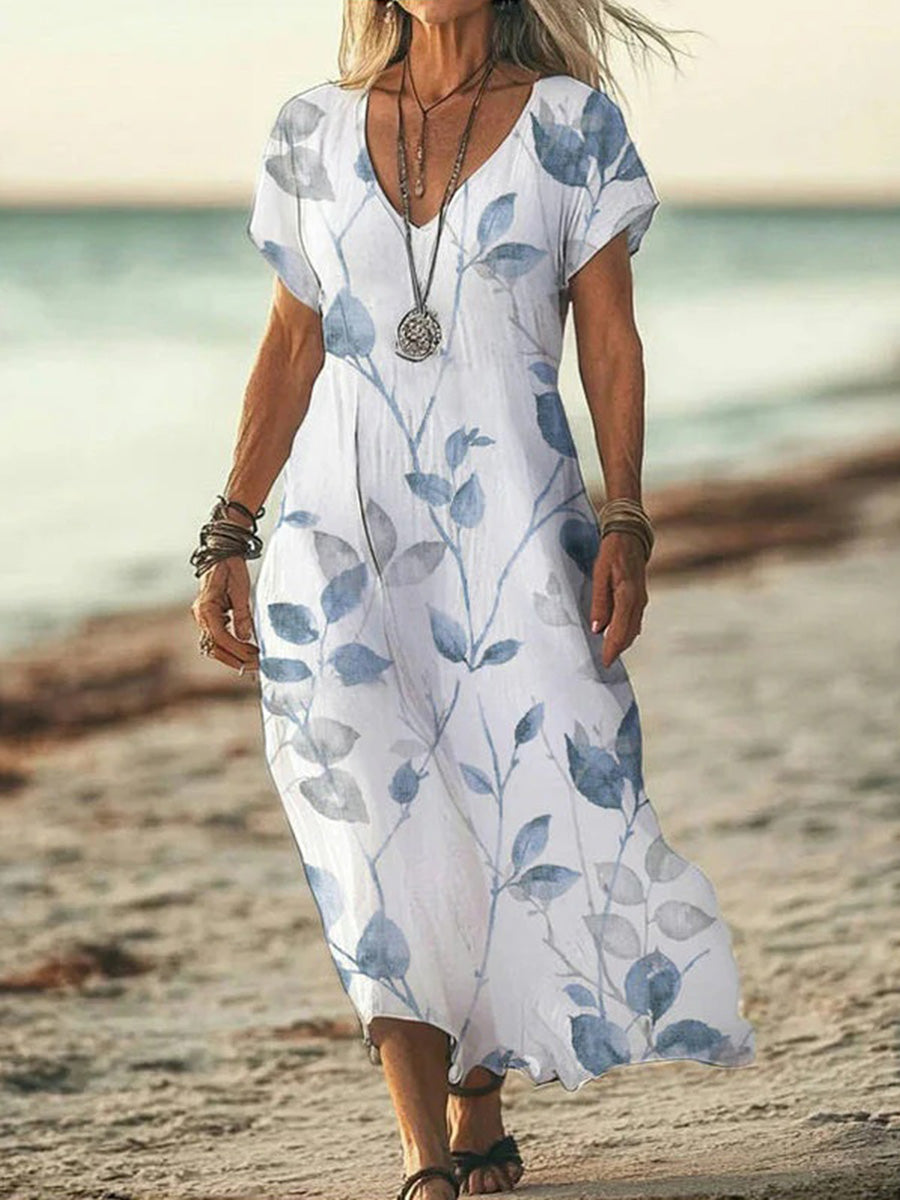 Casual Leaf Print V-neck Short Sleeve Dress