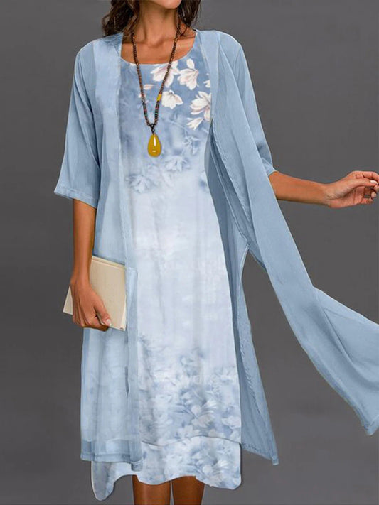 Women's Floral Print Midi Dress with Sheer Long Cardigan Set