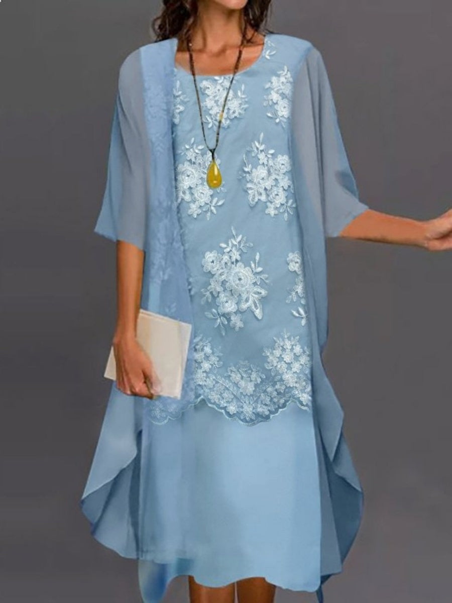 Elegant Lace Solid Two-Piece Midi Dress