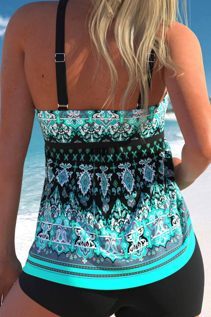 Tribal Print Wide Strap Cyan Tankini Set