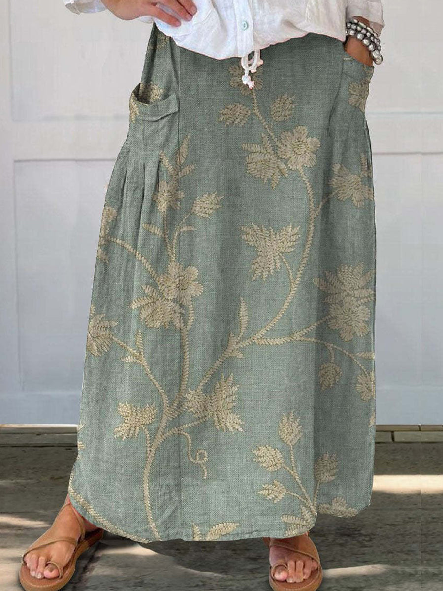 Retro Floral Printed Art Pocket Skirt